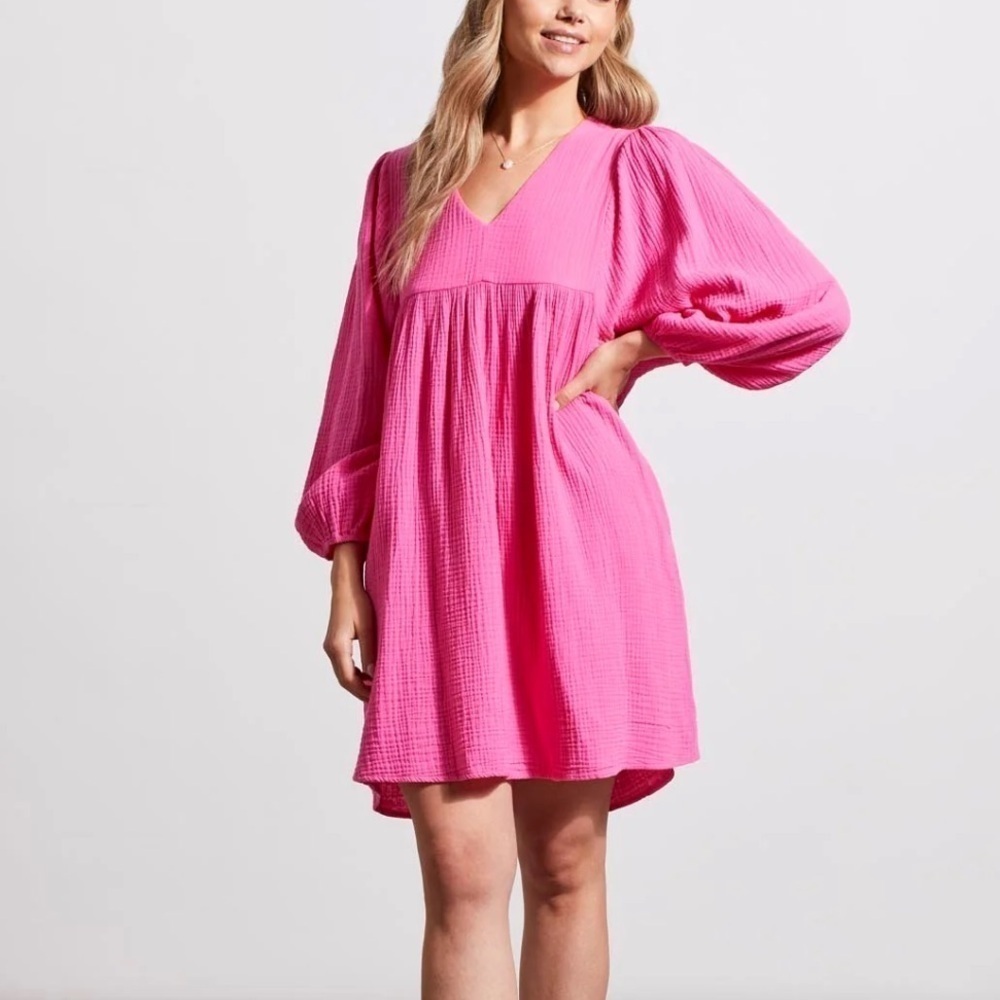 Tribal Cotton Gauze Pink Puffy Sleeve Dress NWT - Picture 2 of 8
